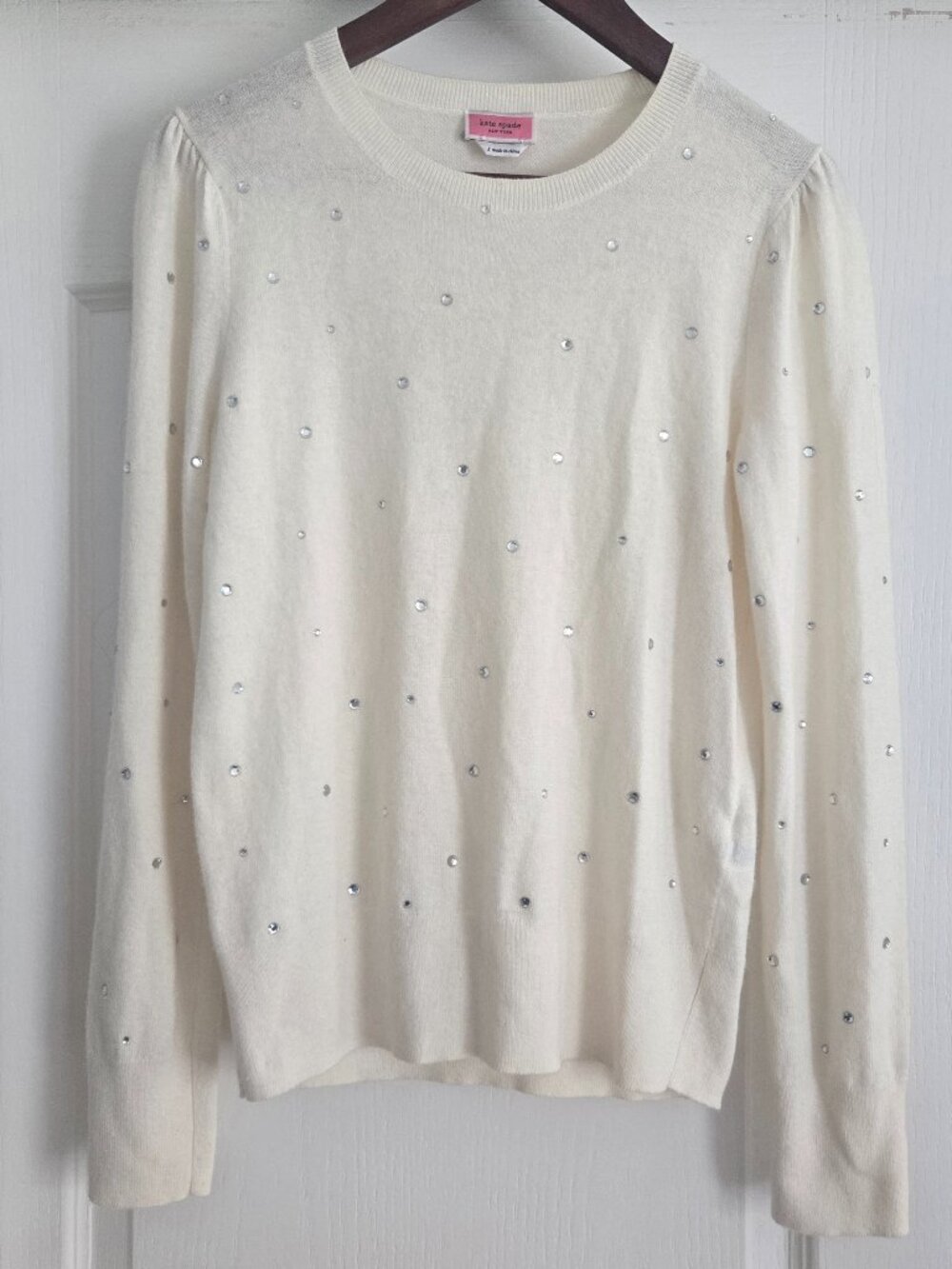 Kate Spade Rhinestone Crew Neck Puff Sleeve Sweater Cream Small Fits 4/6